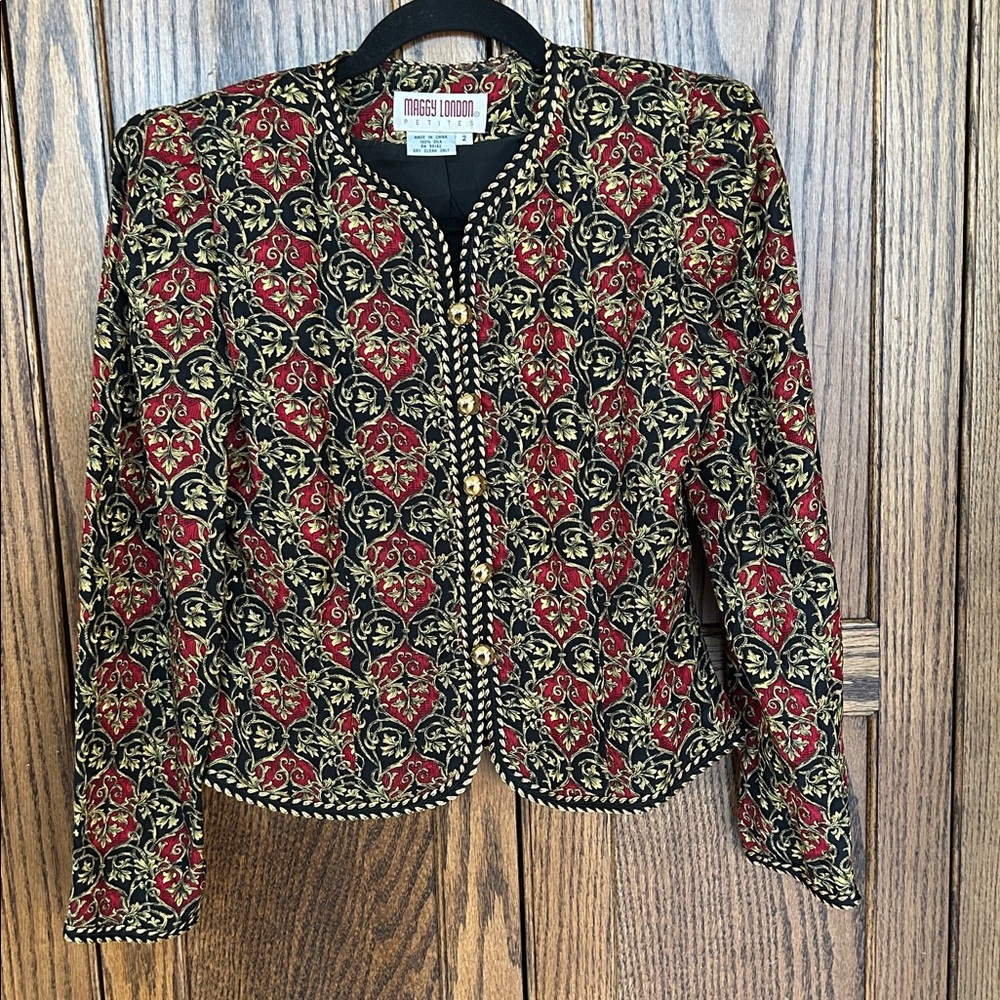 Vintage 80s MAGGY London Kenneth Nolan 100% Silk floral blazer jacket red gold 2